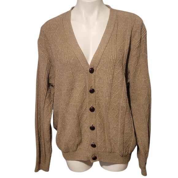 Vintage Oscar De La Renta Cardigan Men's L Tan Knit Button Sweater Old Money - Picture 1 of 7